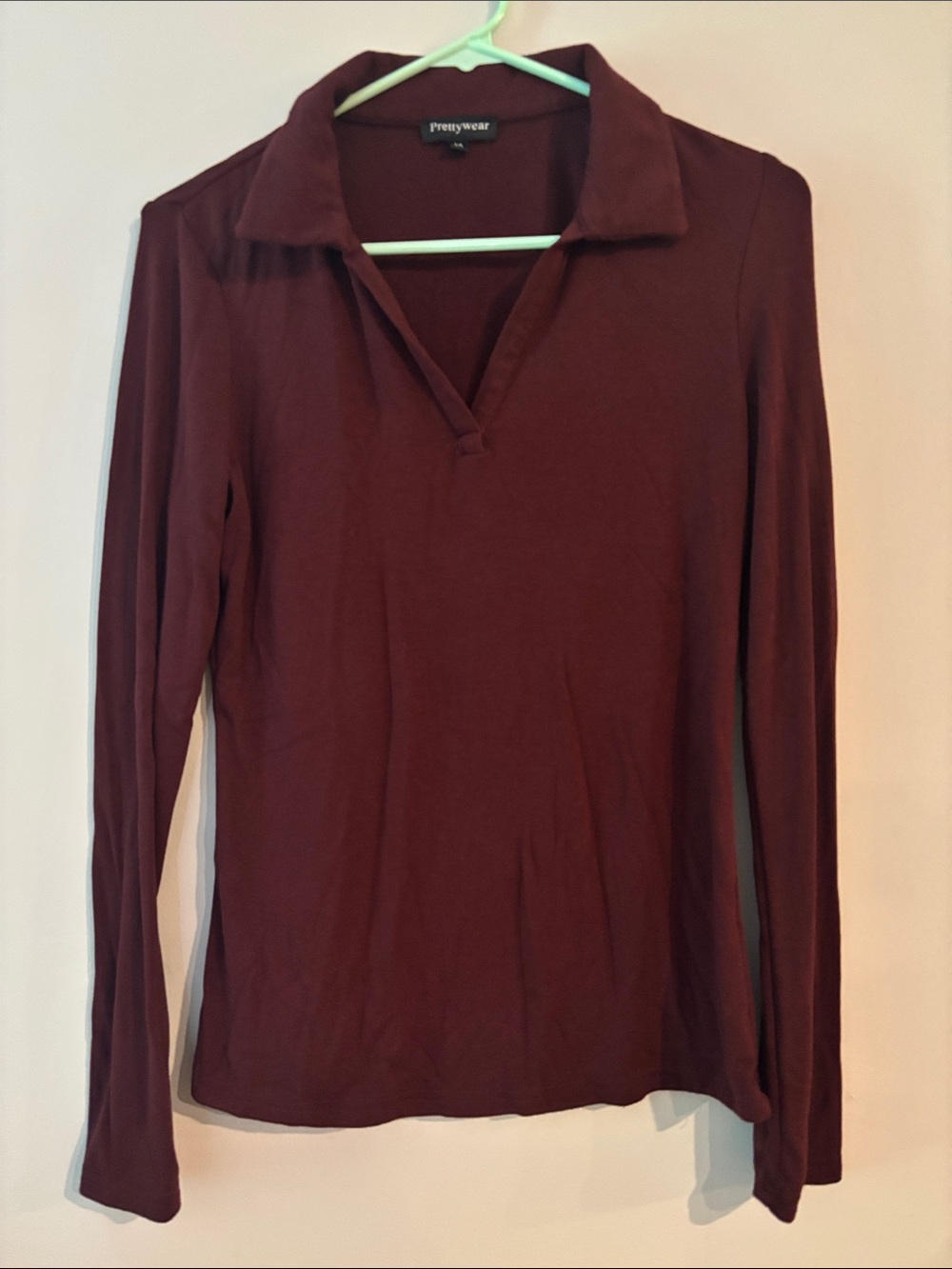 Amazon Women's Maroon Long-Sleeve Collared V-Neck Top